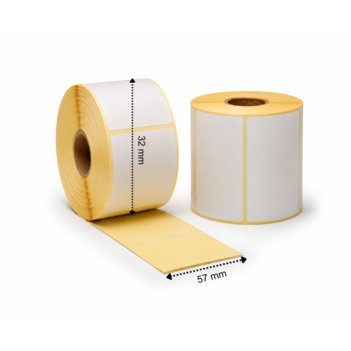 Thermoetikett, 57 mm x 32 mm, 2100 Etiketten pro Rolle, Kern 25 mm, weiß, ECO, permanent