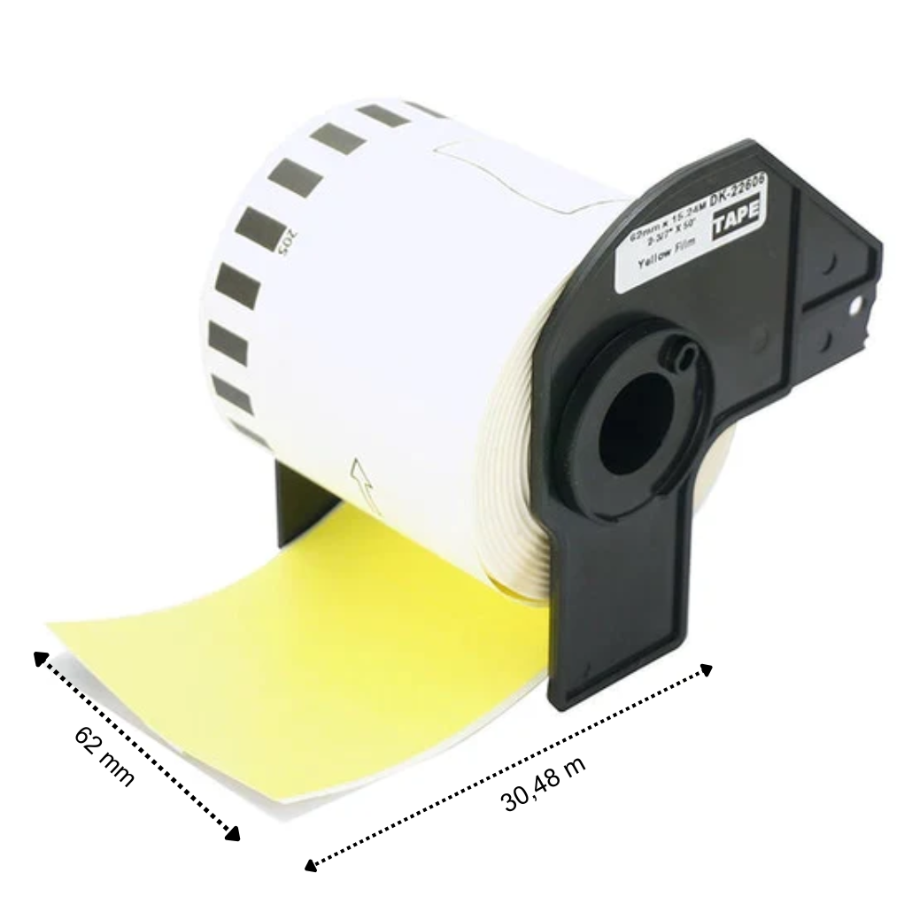 Brother DK-44605 gelbe kompatible Etiketten, 62 mm x 30,48 m, inkl. Brother-Halter, wiederablösbar