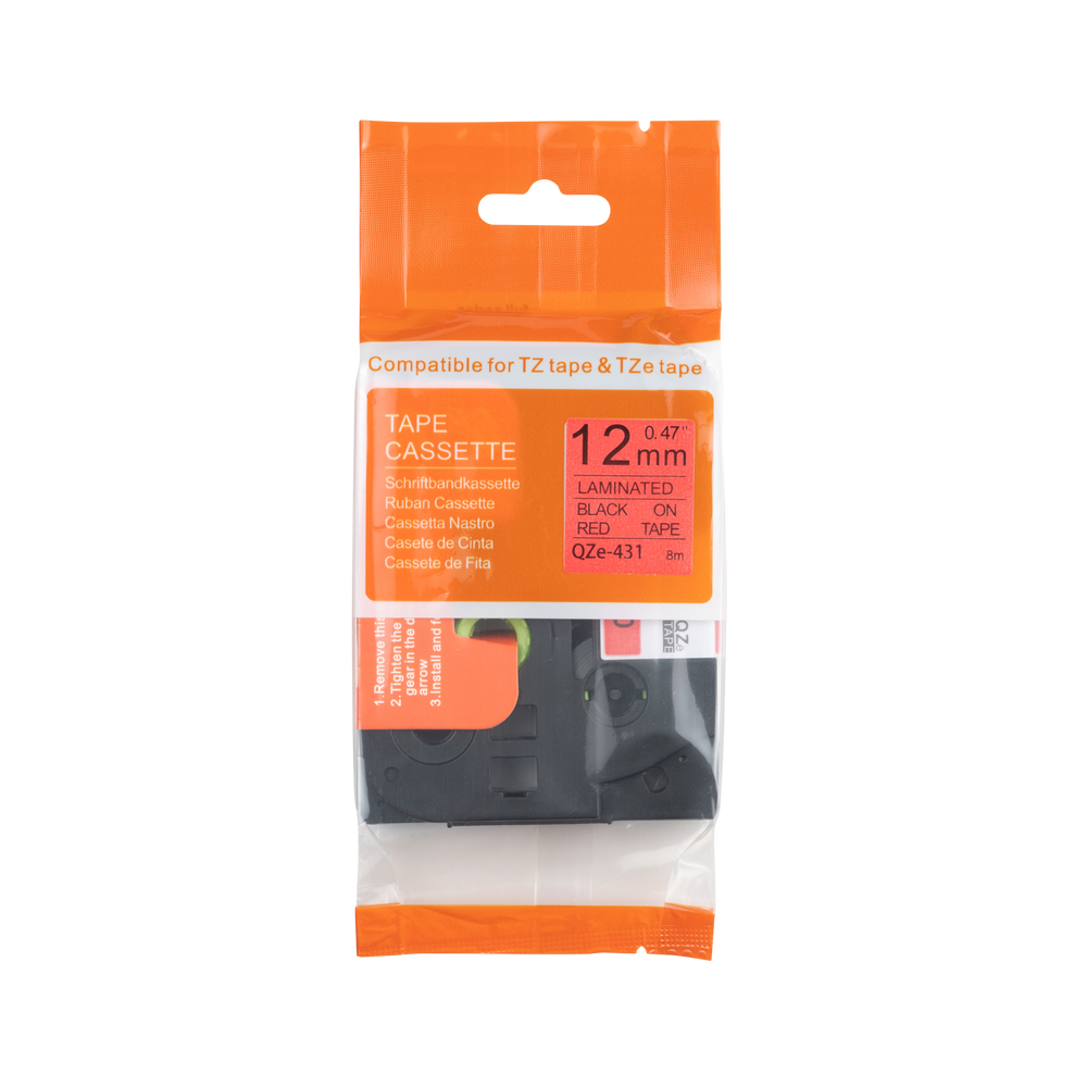 Brother-kompatibles TZE-431-Klebeband, Schwarz auf Rot, 12 mm x 8 m 